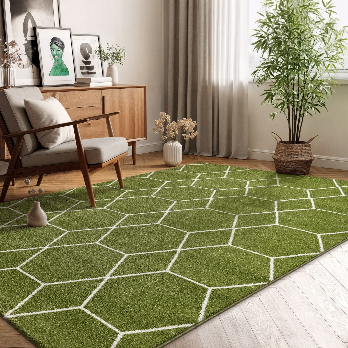 Sanat Trellis Geometrischer Kurzflor-Teppich, Green