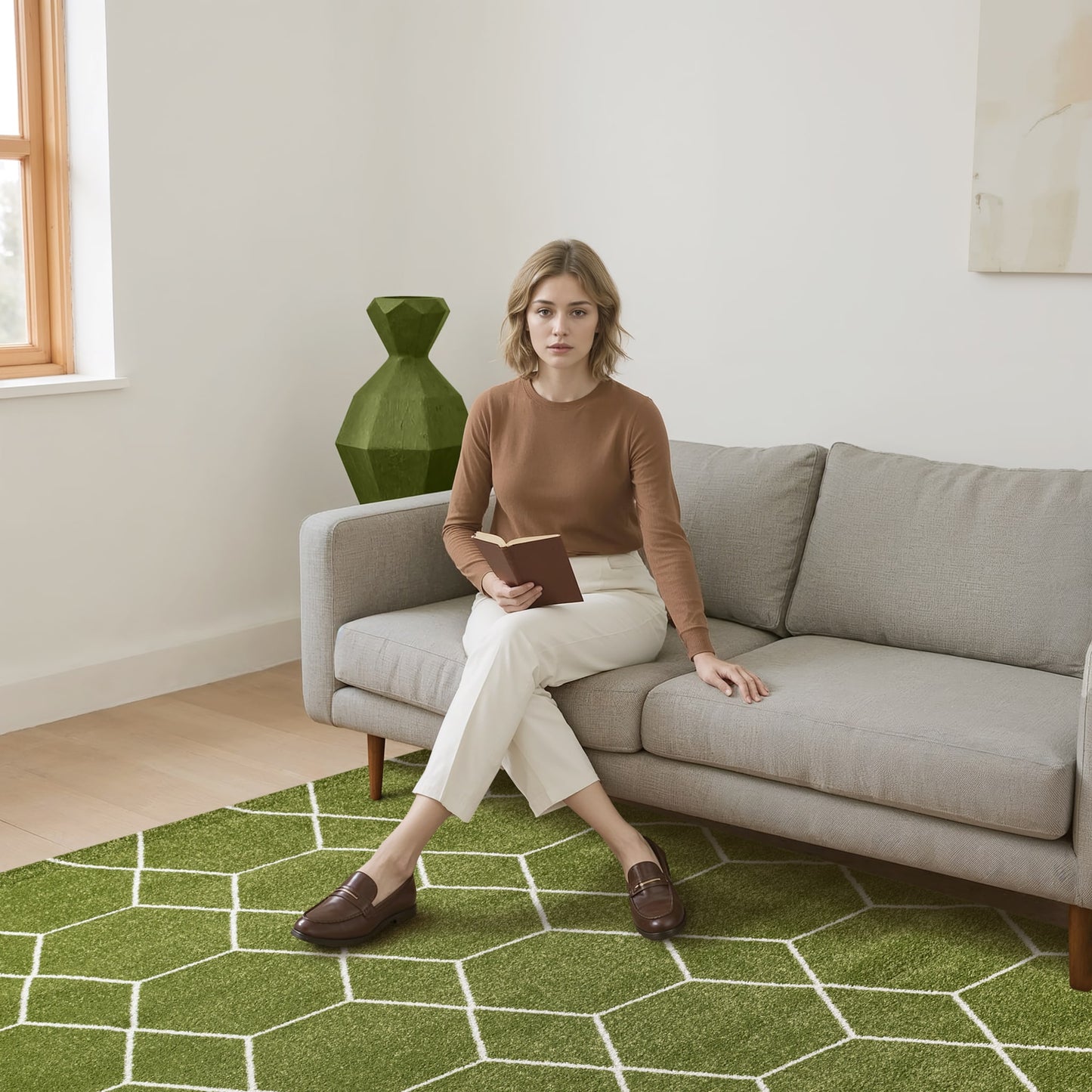 Sanat Trellis Geometrischer Kurzflor-Teppich, Green
