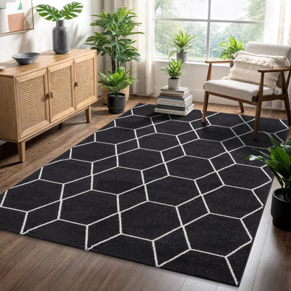 Sanat Trellis Geometrischer Kurzflor-Teppich, Black