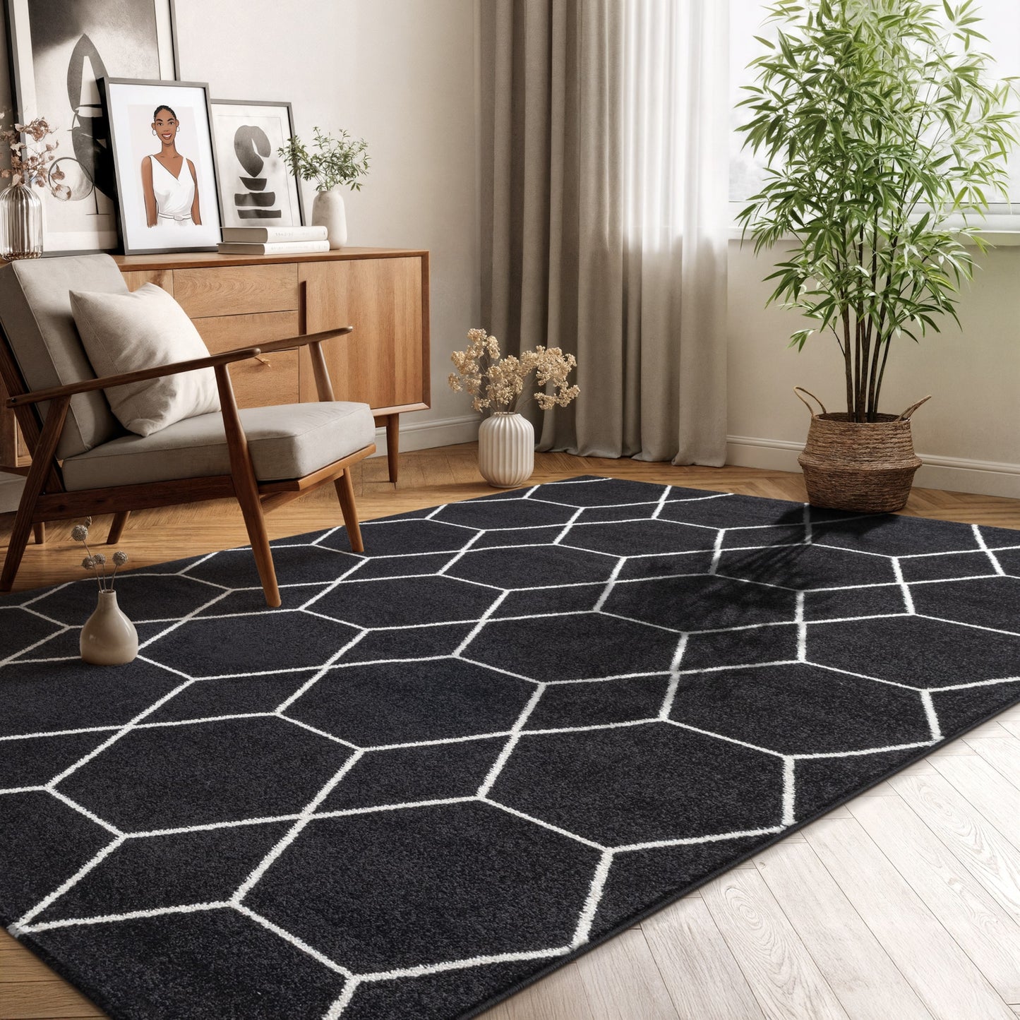 Sanat Trellis Geometrischer Kurzflor-Teppich, Black