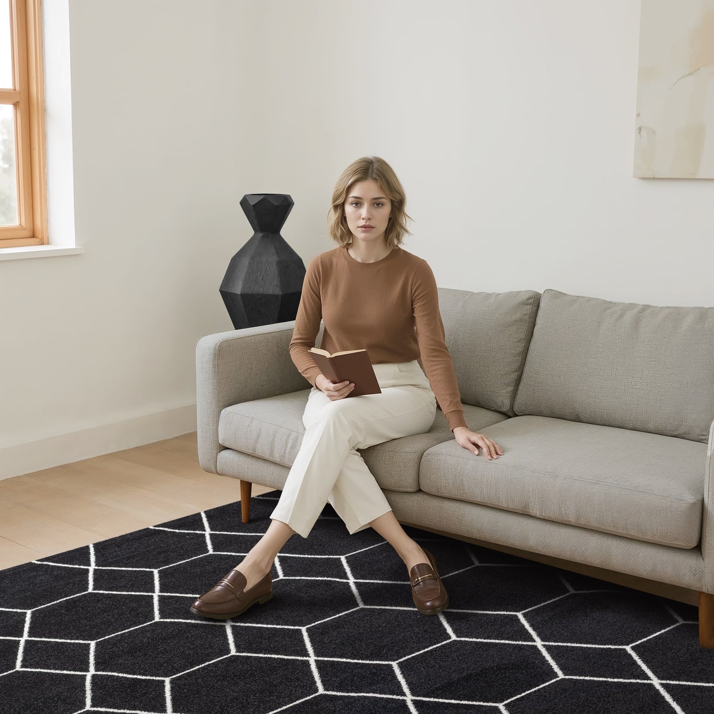 Sanat Trellis Geometrischer Kurzflor-Teppich, Black