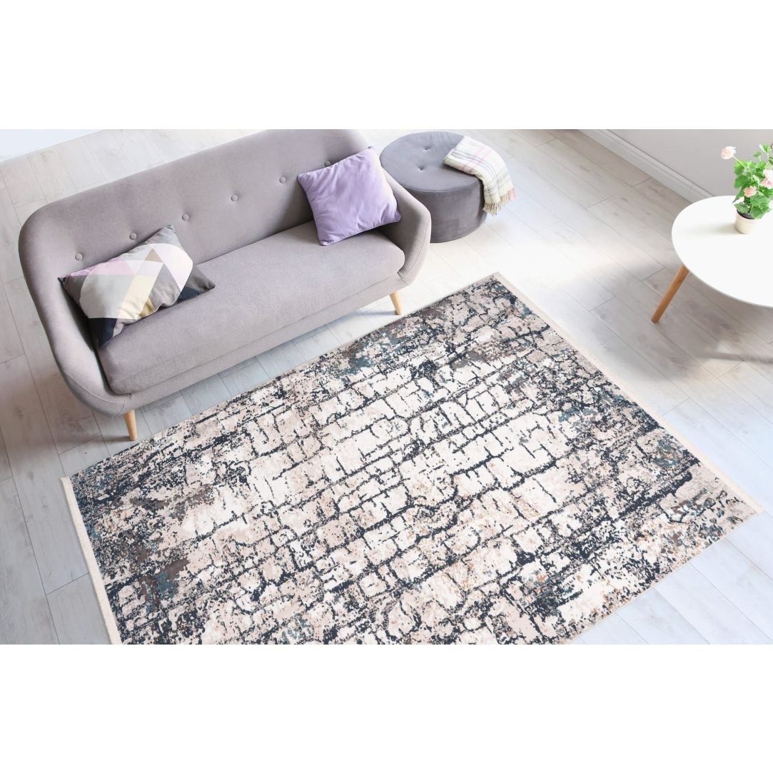 Kurzflorteppich Akropolis 125 Grau / Blau – Vintage Teppich mit Fransen