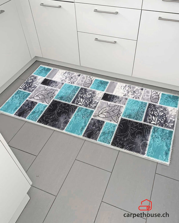 Waschbarer Küchenläufer Patchwork Türkis Grau