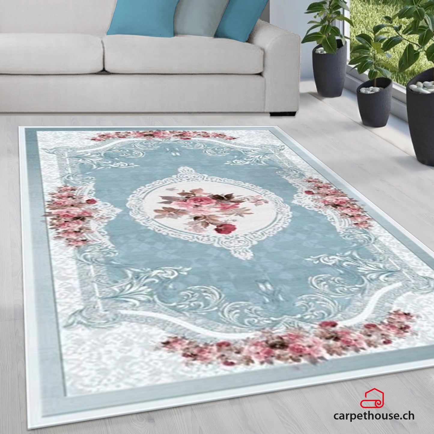 Waschbarer Teppich Sunshine 1055 blau mit Fransen