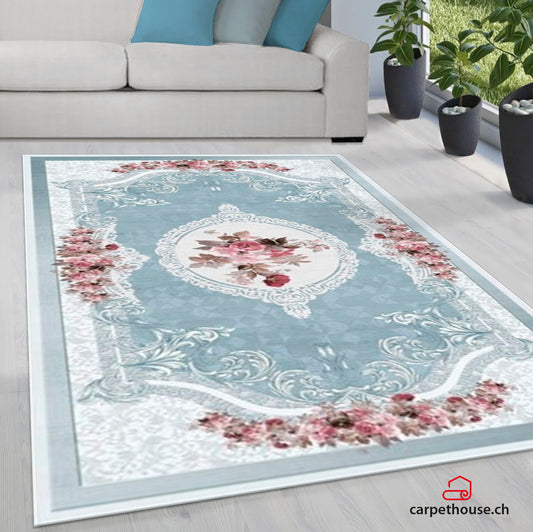 Waschbarer Teppich Sunshine 1055 blau mit Fransen