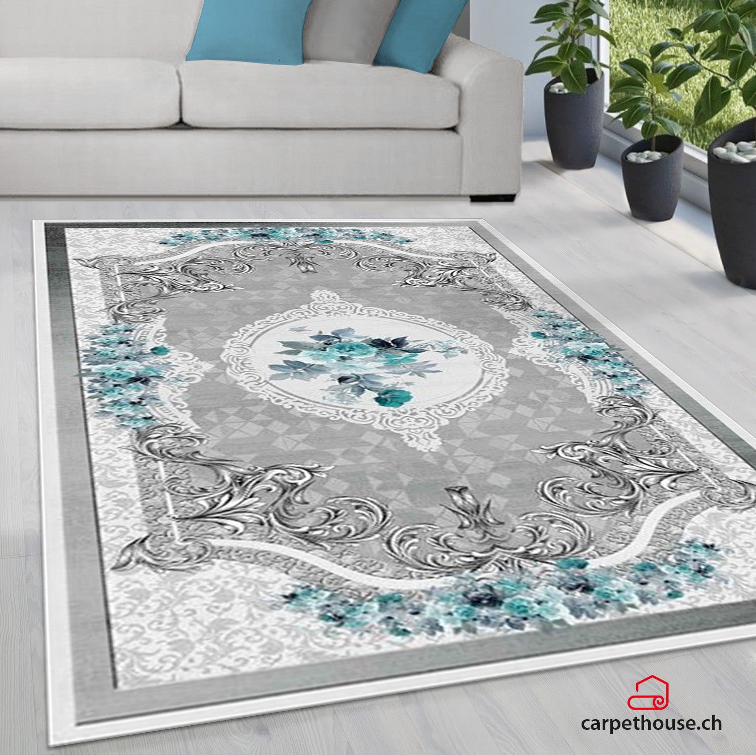 Waschbarer Teppich Sunshine 1055 grau mit Fransen