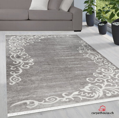 Waschbarer Teppich Sunshine 1081 grau mit Fransen