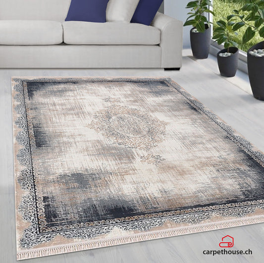 Teppich Rodin 19770 35-Blue,rechteckig, Vintage, Orient, Kurzflor mit Fransen