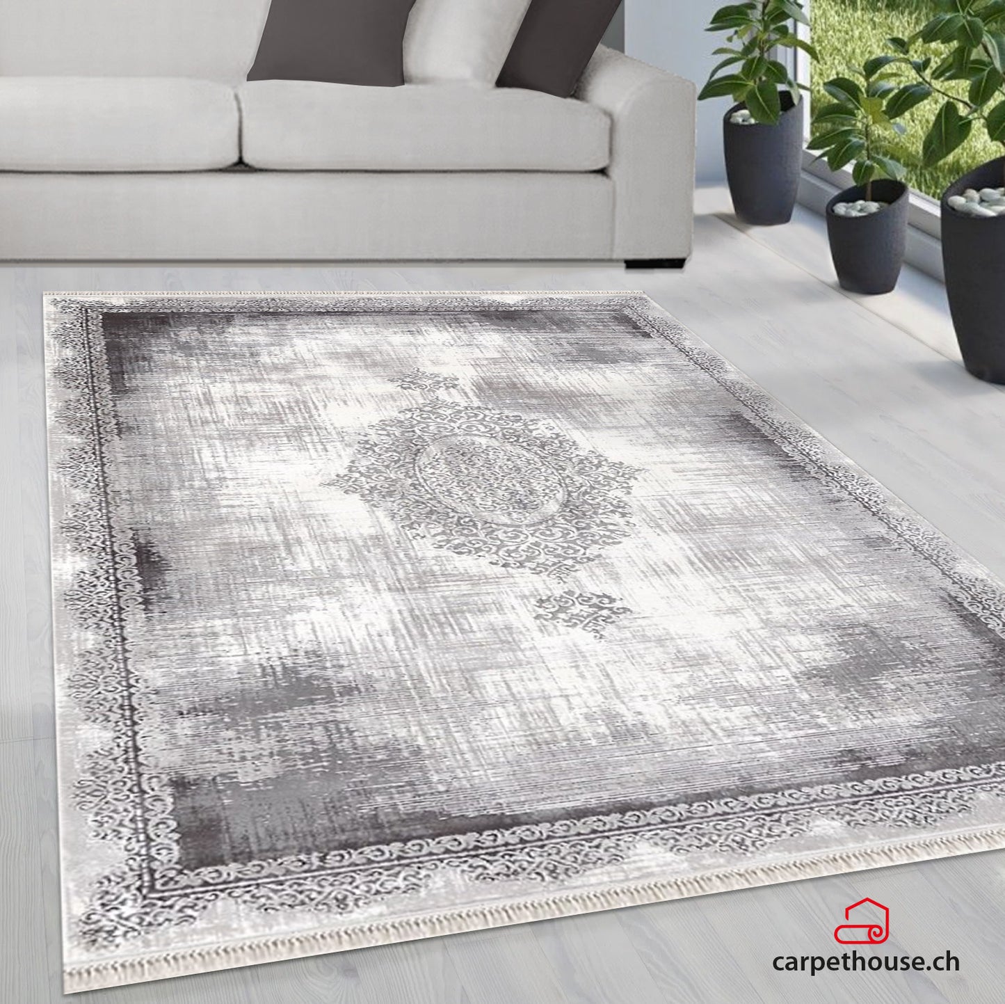 merinos Teppich Rodin 19770 95 Grey, rechteckig, Vintage, Orient, Kurzflor mit Fransen