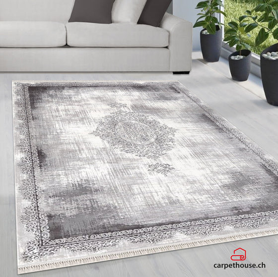 merinos Teppich Rodin 19770 95 Grey, rechteckig, Vintage, Orient, Kurzflor mit Fransen