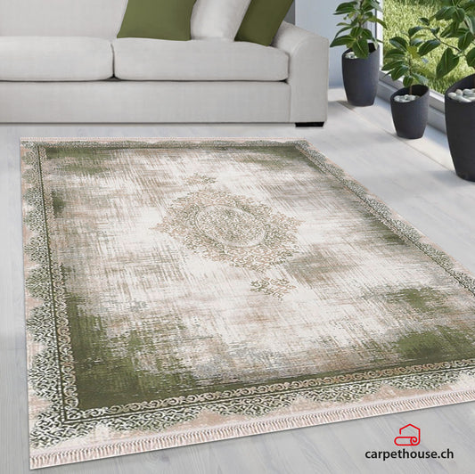 Teppich Rodin 19770 40-Green, rechteckig, Vintage, Orient, Kurzflor mit Fransen