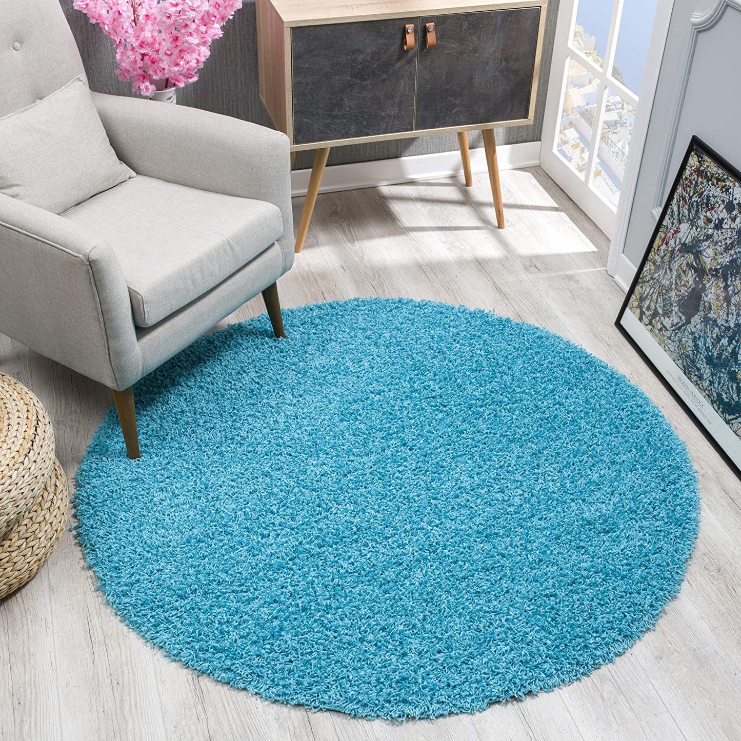 Loca New | Aquablau | Hochflorteppich | rund