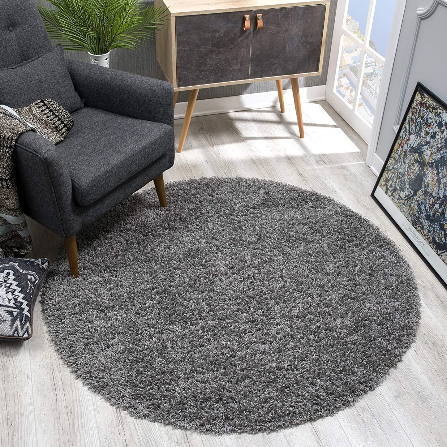 Loca New | Dunkelgrau | Hochflorteppich | rund