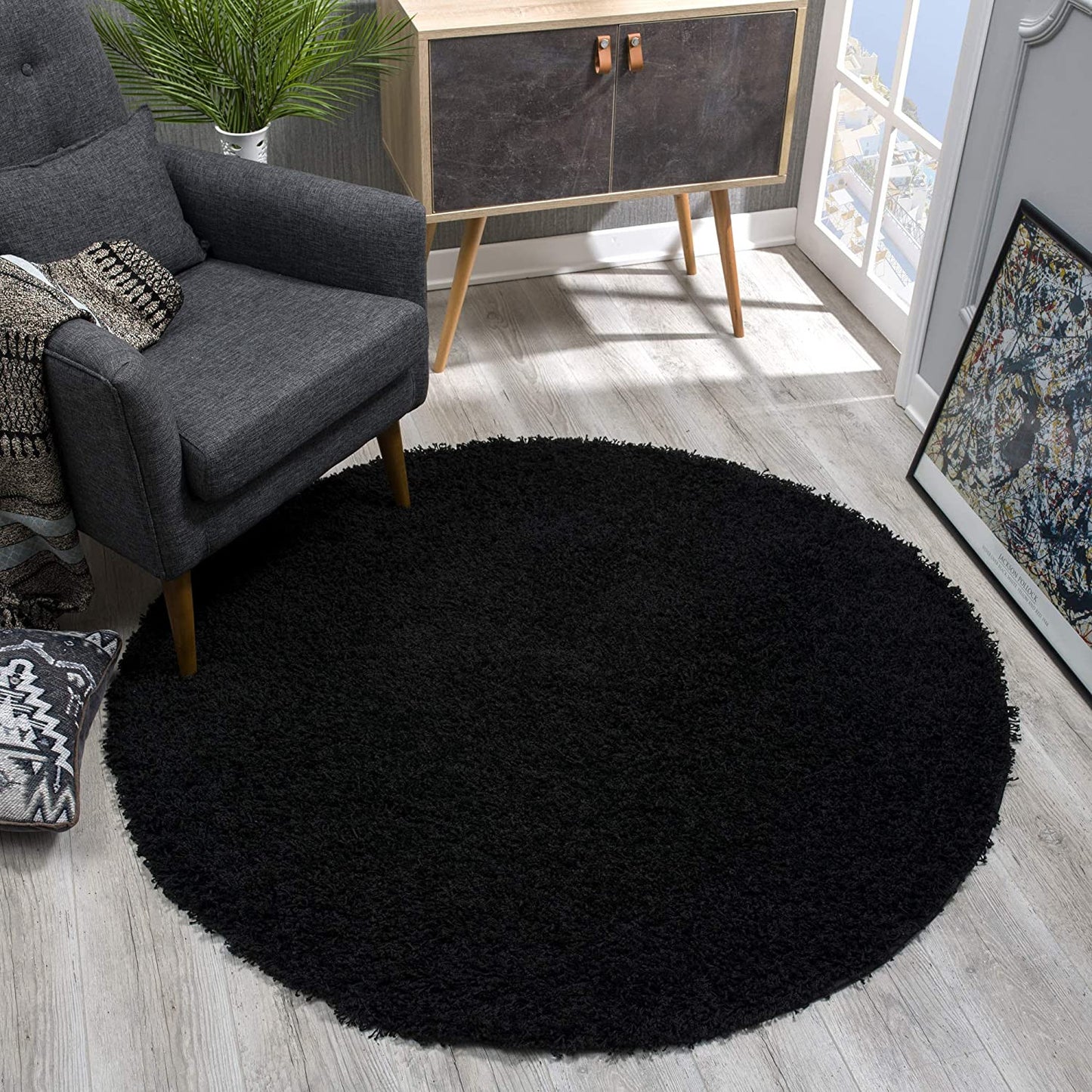 Loca New | Schwarz | Hochflorteppich | rund