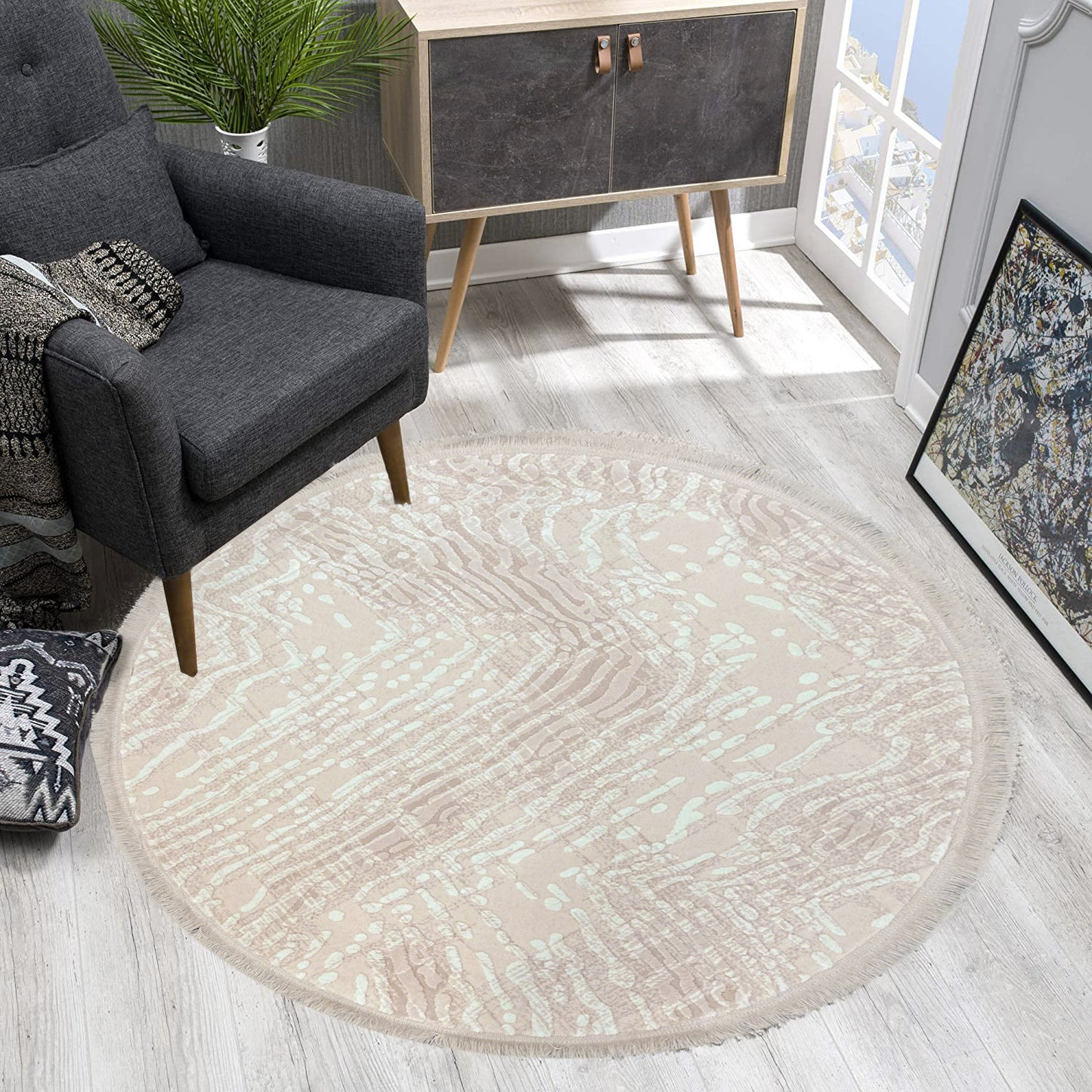 Teppich Günce | Pink |Modernes Acrylteppich mit Fransen | Rund