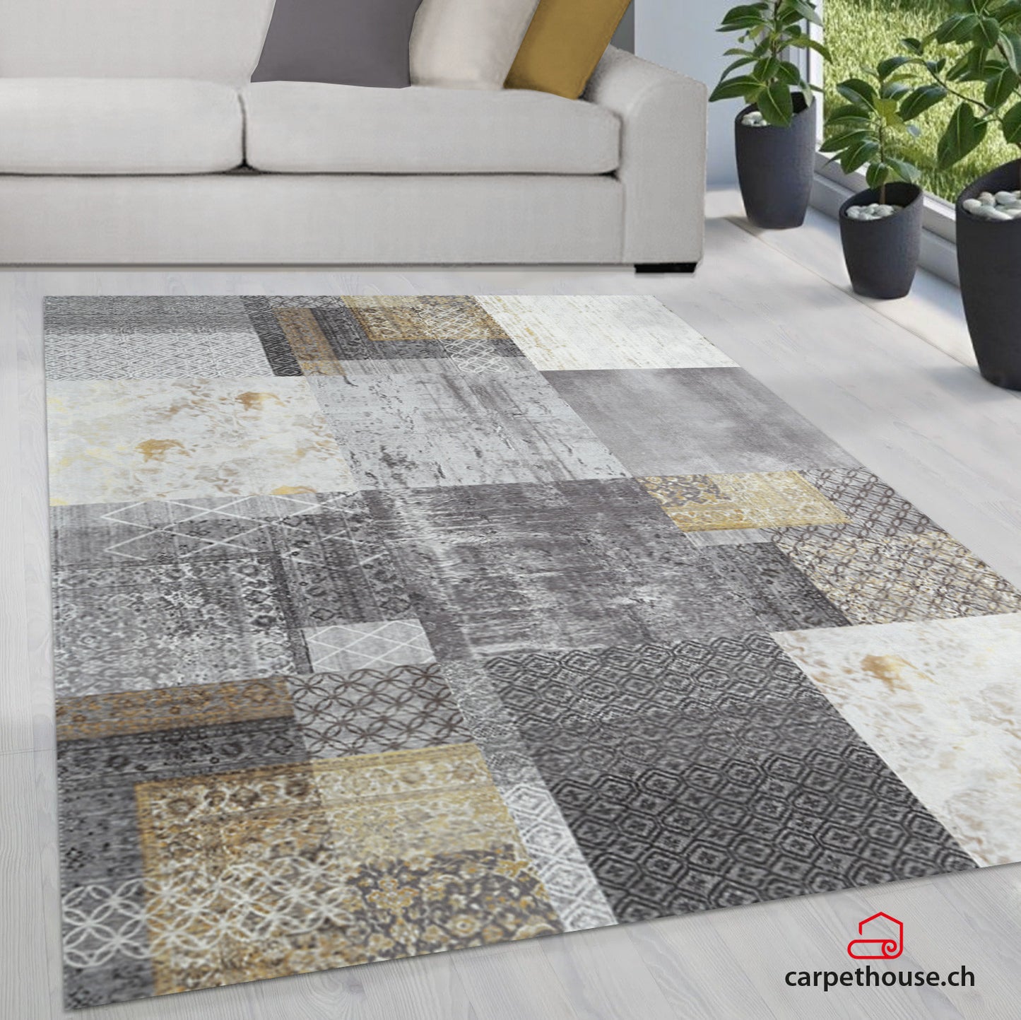 Waschbarer Flachwebeteppich Edessa 1300 Grey Gold